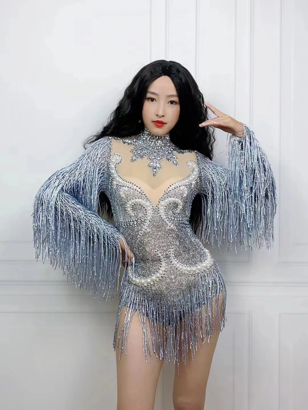 Fashion Gray Fringe Silver RhinestonesPearlsTransparent Bodysuit Women DanceShowCostume Birthday Party Outfit