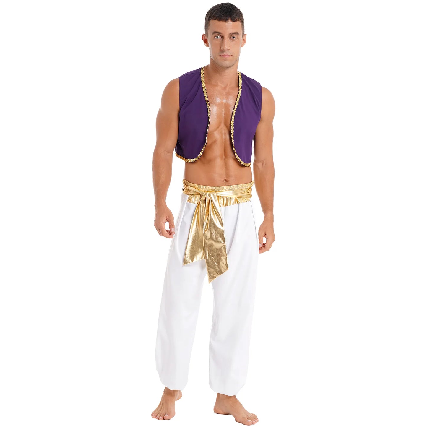Mens Halloween Costume Mythical Prince Aladin Carnival Carnival Cosplay Party Outfit Sequin Trim Waistcoat with Belted Pants