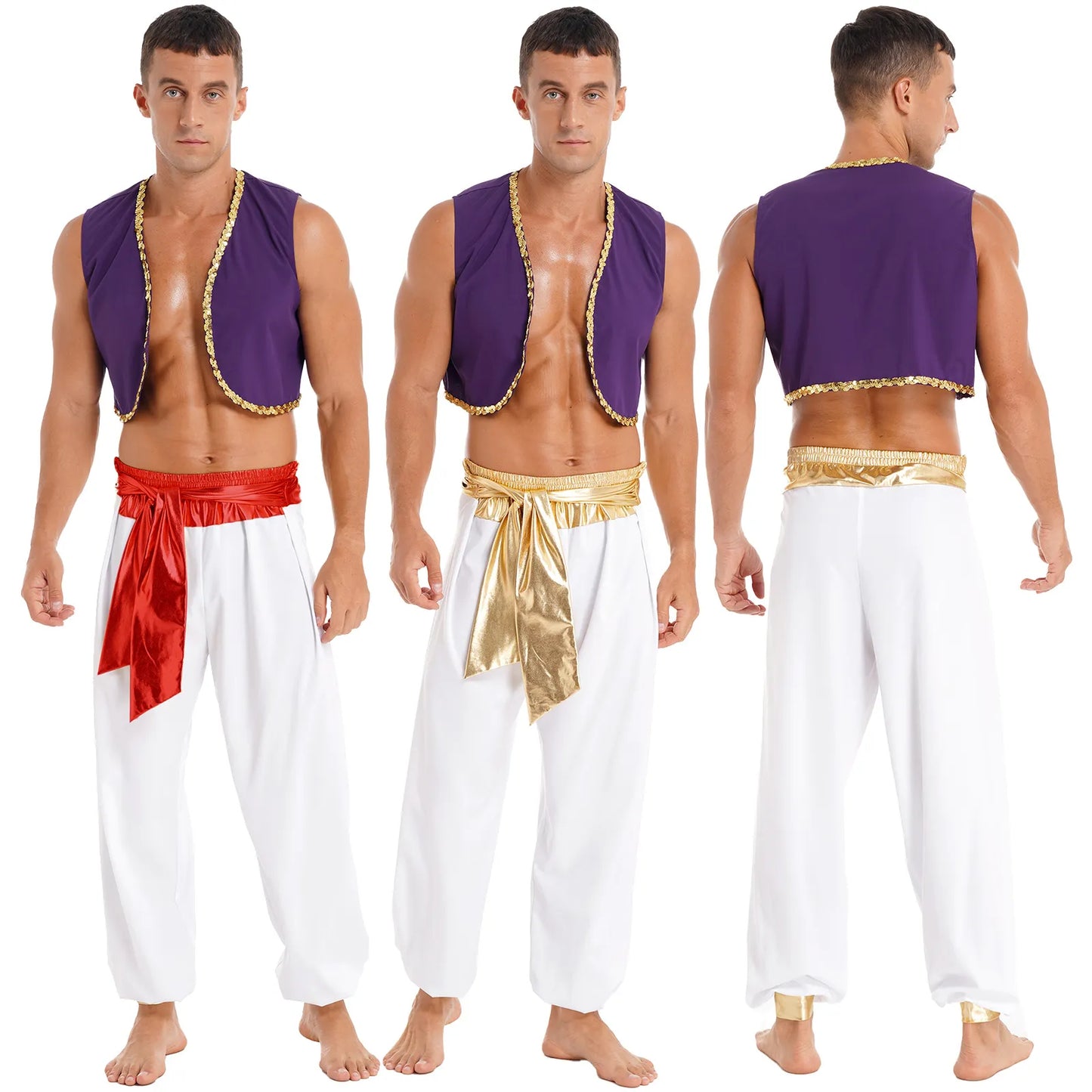 Mens Halloween Costume Mythical Prince Aladin Carnival Carnival Cosplay Party Outfit Sequin Trim Waistcoat with Belted Pants