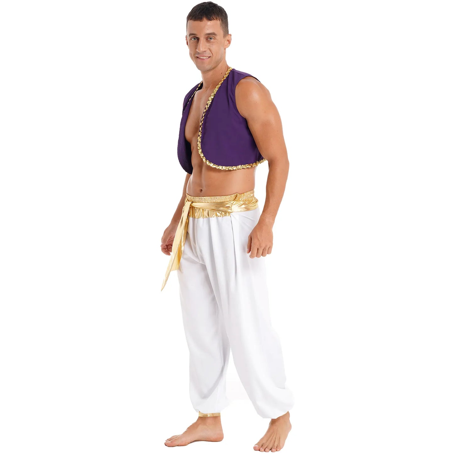 Mens Halloween Costume Mythical Prince Aladin Carnival Carnival Cosplay Party Outfit Sequin Trim Waistcoat with Belted Pants