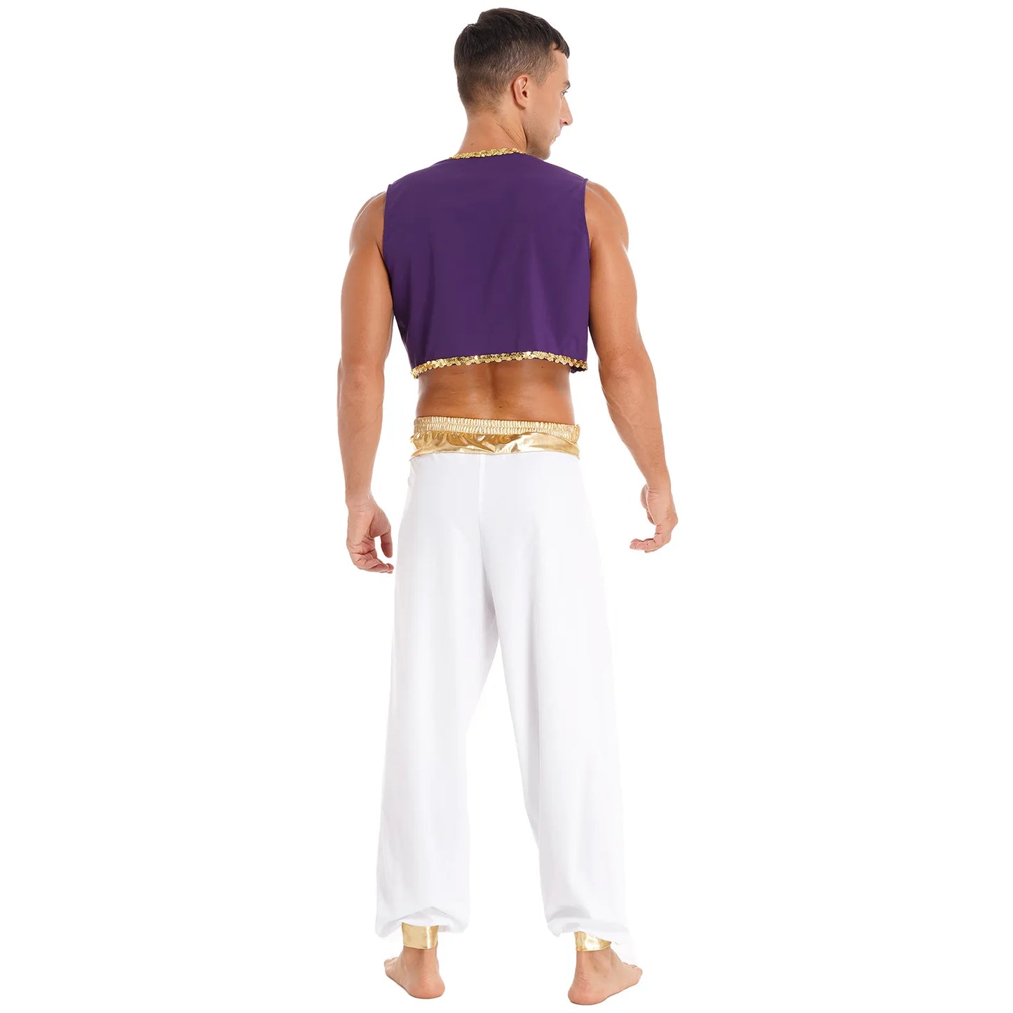 Mens Halloween Costume Mythical Prince Aladin Carnival Carnival Cosplay Party Outfit Sequin Trim Waistcoat with Belted Pants