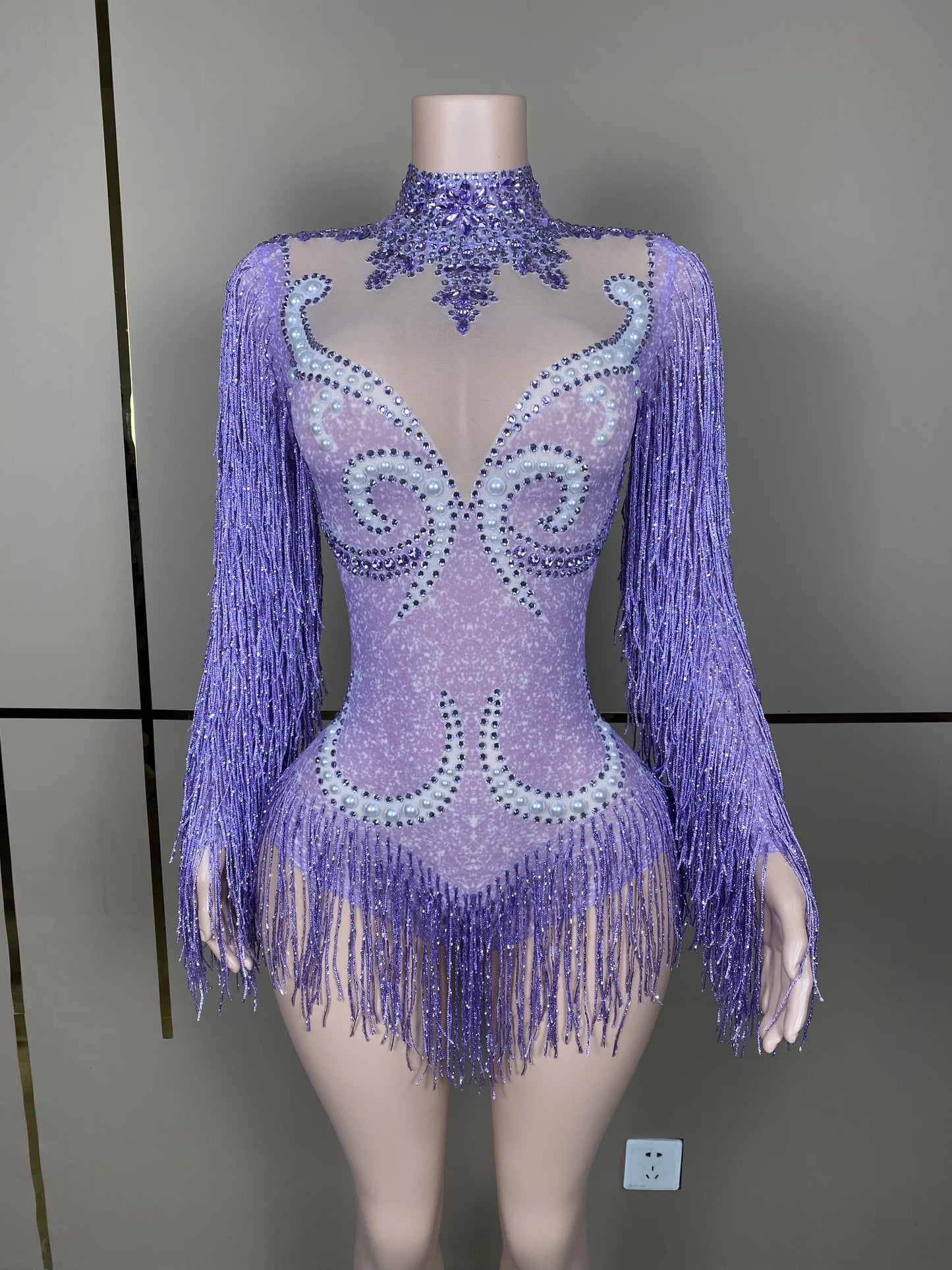 Fashion Gray Fringe Silver RhinestonesPearlsTransparent Bodysuit Women DanceShowCostume Birthday Party Outfit