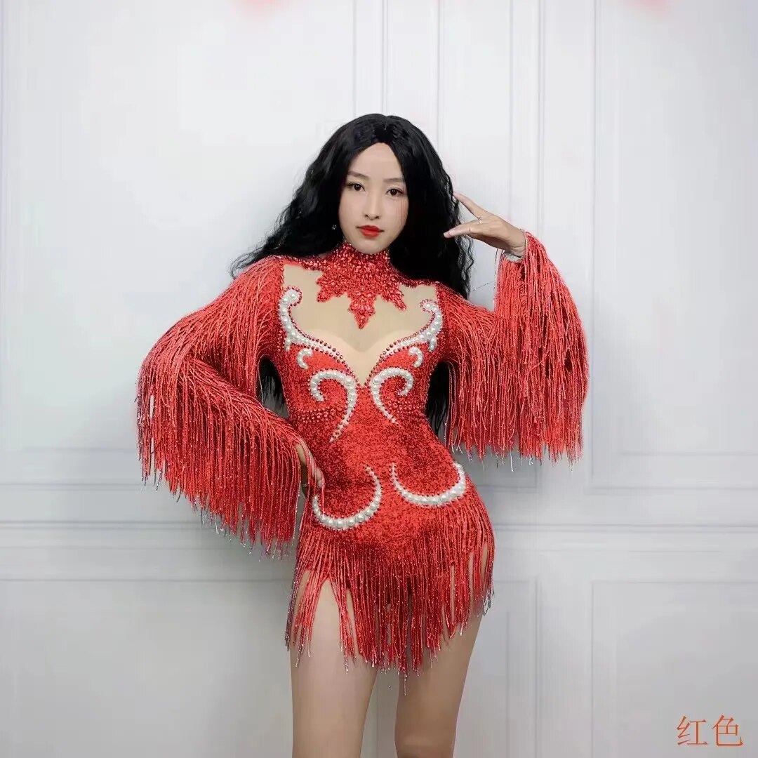 Fashion Gray Fringe Silver RhinestonesPearlsTransparent Bodysuit Women DanceShowCostume Birthday Party Outfit