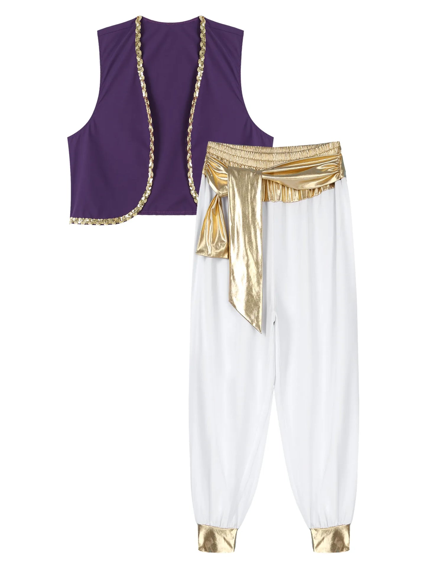 Mens Halloween Costume Mythical Prince Aladin Carnival Carnival Cosplay Party Outfit Sequin Trim Waistcoat with Belted Pants