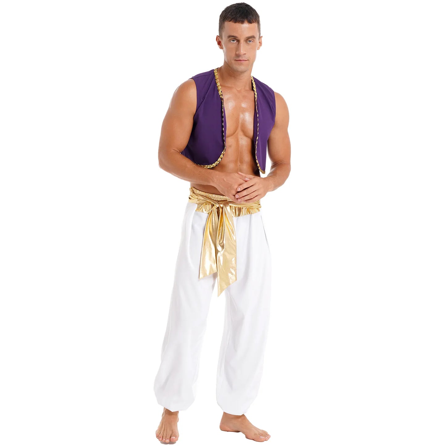 Mens Halloween Costume Mythical Prince Aladin Carnival Carnival Cosplay Party Outfit Sequin Trim Waistcoat with Belted Pants