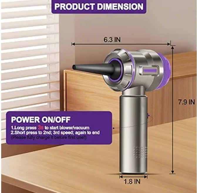 2 in 1 mini vacuum cleaner, 200000 RPM compressed air, up to 35 minutes run time, brushless electric air blower with 3 gears