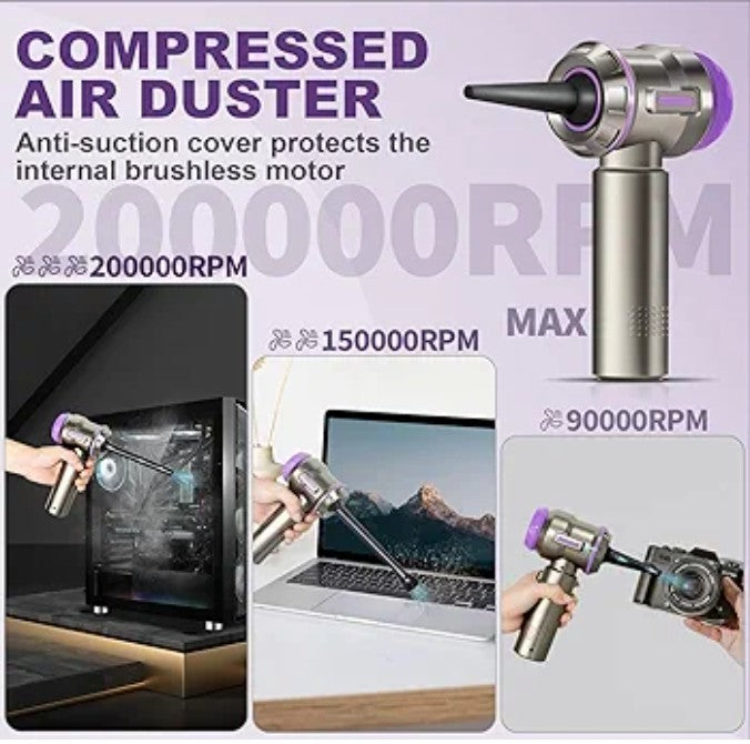2 in 1 mini vacuum cleaner, 200000 RPM compressed air, up to 35 minutes run time, brushless electric air blower with 3 gears