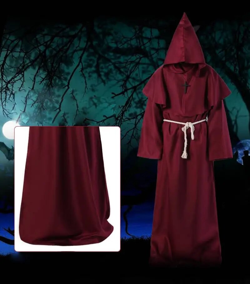 Halloween Medieval Hooded Robe Plague Doctor Witch Costume Mask Hat for Men Cosplay Steampunk Priest Horror Wizard Cloak Cape