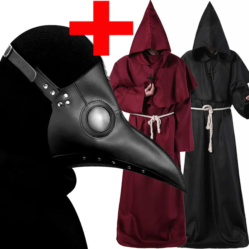 Halloween Medieval Hooded Robe Plague Doctor Witch Costume Mask Hat for Men Cosplay Steampunk Priest Horror Wizard Cloak Cape