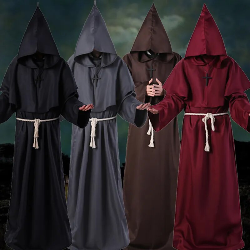 Halloween Medieval Hooded Robe Plague Doctor Witch Costume Mask Hat for Men Cosplay Steampunk Priest Horror Wizard Cloak Cape